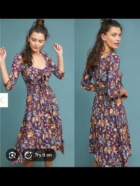 Maeve By Anthropologie Beloved Empire Waist Purple Floral Front Tie Dress S